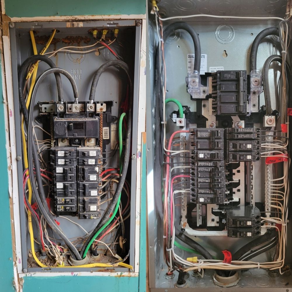 Side-by-side before and after comparison of an electrical panel upgrade in East Tennessee