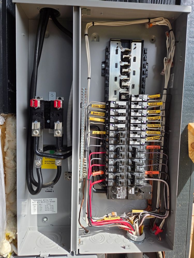 Open electrical panel with hand-labeled circuit tags